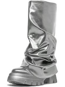 Women's Platform Round Toe Mid Calf Boots With Chunky Heel - M-銀色 - 查看 13