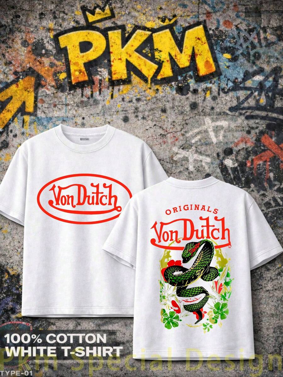 Graphic T-Shirt Vons Dutch Logo Dragon Print Everyday Casual Streetwear Machine Washable Regular Fit All Season Top Weekend Outfit Playful Fashion Durable Shirt Short Sleeve Shirt - White - View 1