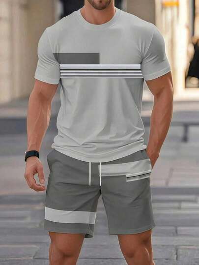 KOVSEE Men's 3D Striped Contrast Color Print Casual Short Sleeve Shorts Set, Outdoor Sports Beach Leisure Fashion Suit, Spring/Summer/Autumn