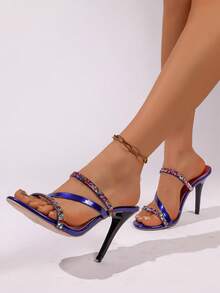 Giày sandal cao gót hở mũi đính đá lấp lánh thời trang dành cho nữ, sandal gót nhọn hở gót gợi cảm, thích hợp cho tiệc tùng, đám cưới, hộp đêm. - Màu xanh lam - Xem 7