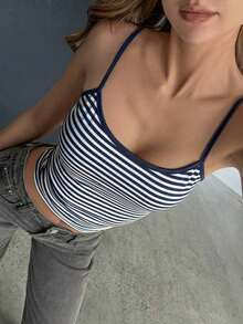 Vaiaye Women'sLingerie Style Top And Spring/Summer Striped Print Round Neck Fitted Casual Vacation Camisole, Suitable Beach Vacation & Everyday Casual Wear - 藍白條紋 - 查看 10