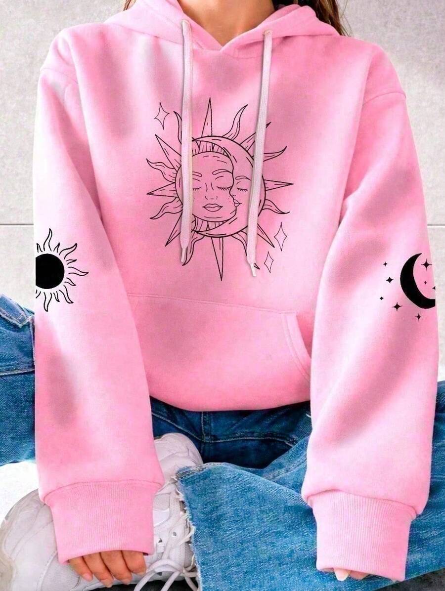 Blusa De Frio Feminina Moletom Canguru Y2K "Sol e Lua" - Lançamento | Envio Imediato - Rosa - Visão 1