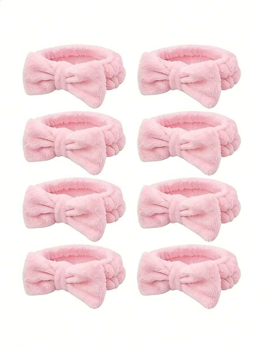 8pcs/Set High Elastic Bow Headbands, Ladies Coral Fleece Makeup Cleansing Towel, Perfect Bridesmaid Gift For Party, Wedding, Valentine's Day, Mother's Day - Pink, White, Gray - Multicolor - View 1