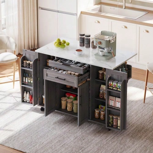 120*45cm, Mobile Kitchen Island, Kitchen Trolley, Extendable Worktop Up To 70cm, Concealed Cutlery Drawer, Adjustable Shelves, Spice Rack And Towel Rail, Suitable For Kitchen, Dining Room Or Living Room - 灰色 - 查看 1