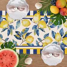 Taplak Meja Musim Panas Motif Pohon Lemon & Lebah, Dekorasi Meja Makan Dapur Liburan Musiman Cocok untuk Pesta di Rumah dan Dalam Ruangan - Biru Kuning - View 2