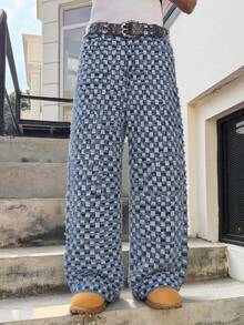 Quần jeans ống rộng dáng suông họa tiết kẻ caro jacquard mới của ONE.DINY dành cho mùa xuân/hè, kiểu dáng vintage Mỹ, chất liệu denim bạc màu và có tua rua. - Màu xanh lam - Xem 5