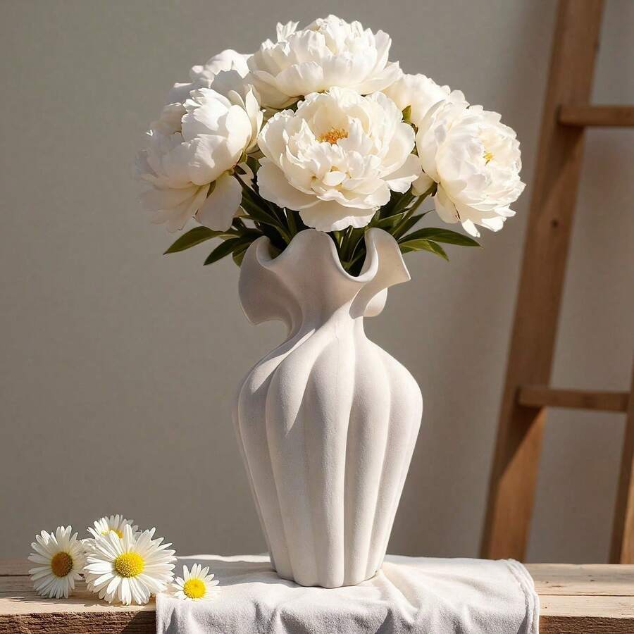 1pc Premium Nordic Minimalist Wavy Edge Textured Decorative Vase, Bohemian Farmhouse Style Living Room Bedroom Entryway Coffee Table Centerpiece, Suitable For Dried Flowers, Cotton Stems And Feather Grass - Multicolor - View 1