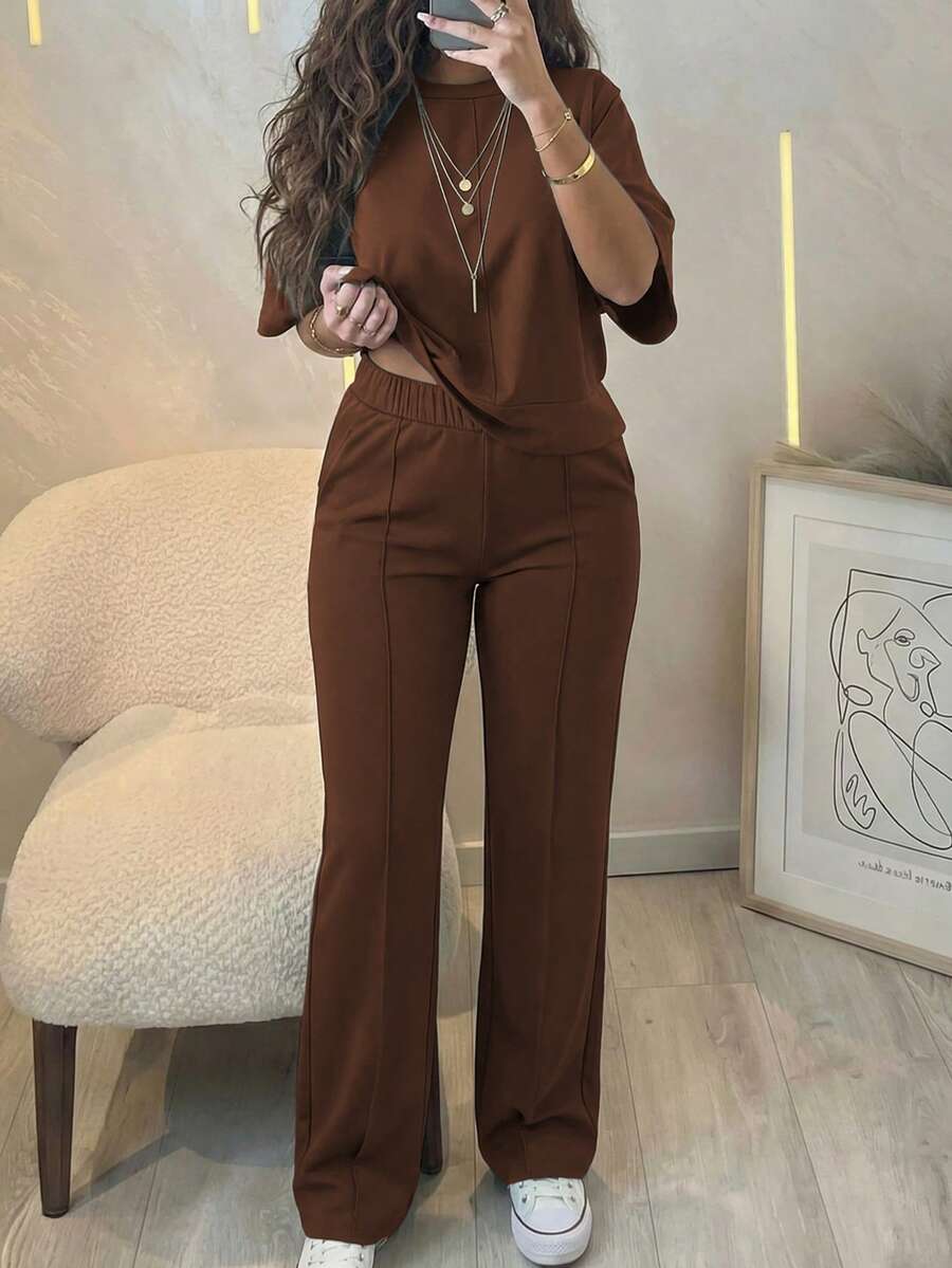Women's Casual Comfortable Solid Color Short Sleeve Top And Elastic Waist Pocket Pants 2 Pieces Set, Soft Polyester-Spandex Fabric, Spring/Summer Elegant - Brown 90 - View 1