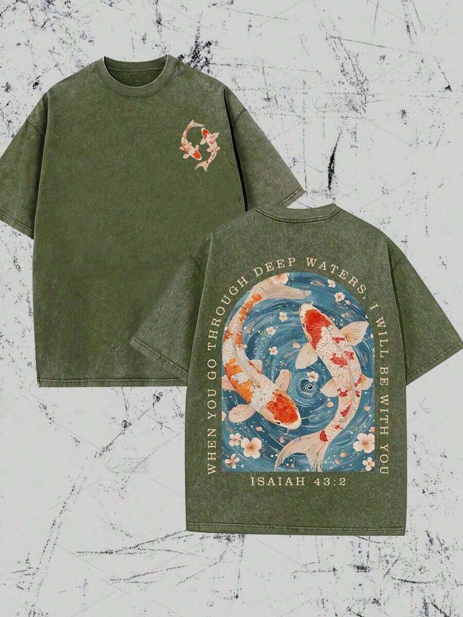 Camisetas nuevas de moda para hombres de primavera y verano, Camiseta Christian Washed, Camiseta con diseño de peces Koi, Camiseta de cultura religiosa, "Estaré contigo cuando atravieses aguas profundas", Camiseta clásica de manga corta regular, Impresión de alta calidad, Camiseta a la moda, Camiseta estampada para mujer, Camiseta divertida con estampado, Camiseta estampada para hombre, Camiseta casual holgada, Camiseta 100% algodón puro, Suave, transpirable y cómoda, Lavable a máquina, Camiseta casual de estilo urbano, Adecuada para todas las estaciones, Perfecta para uso casual y estilo urbano. Un gran regalo para amigos y familiares. - Negro - Ver 1