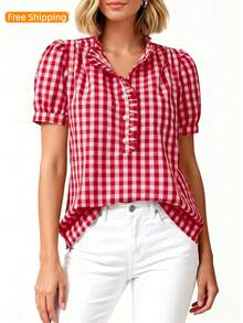 Puff Sleeve Striped Ruffle Blouse V Neck Button Front Summer Top Chic Casual Work Office Outfit For Women - 紅色格子 - 查看 6