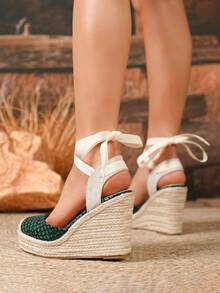 New European And American Style Linen Fisherman Woven Platform Roman Wedge Fashionable Women Sandals - Green - View 5