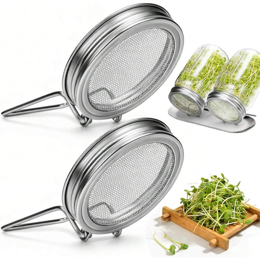 950毫升（32盎司）发芽罐套装，包含可重复使用的不锈钢网盖、带支架的发芽器盖、沥水盘和遮光罩，适用于在86毫米宽口梅森罐中种植有机苜蓿、西兰花种子和绿豆。 - 梅森罐 - 查看 1