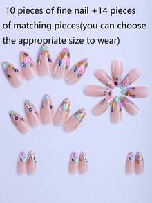 Add A Touch Of Romance With 24 Press On Nails Almond Art Pieces, Hand-Painted Pink Roses For Spring, Small Blue Flowers And Violets For Summer, Cute Nails Art With Gold Foil Decorations, Reusable Fake Nails, Suitable For Girls' Daily Life, Outings And Travel - Multicolor - View 5