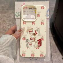 1 pieza Funda de teléfono con patrón de gato de fresa de material TPU, compatible con iPhone 17 Pro Max/17/16 Pro Max/15/13/12/11, S20 FE/A15/S24/A55, Note 11/Note 12/Note 13 Pro, cubierta protectora suave a prueba de golpes - Blanco - Ver 1