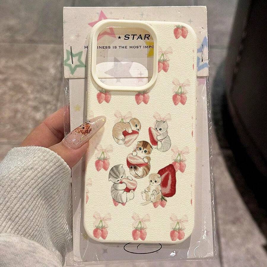 1 pieza Funda de teléfono con patrón de gato de fresa de material TPU, compatible con iPhone 17 Pro Max/17/16 Pro Max/15/13/12/11, S20 FE/A15/S24/A55, Note 11/Note 12/Note 13 Pro, cubierta protectora suave a prueba de golpes - Blanco - Ver 1