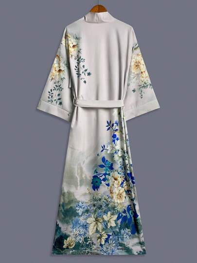 日式印花中长款长袖和服罩衫，轻薄外套，优雅休闲，可作沙滩/旅行睡袍，宽松系带睡袍