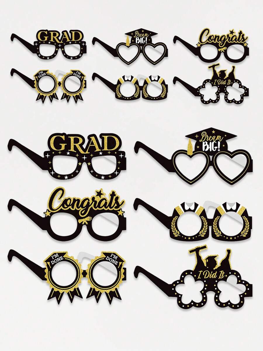 6pcs Black & Gold Graduation Glasses, Photo Booth Props For Graduation Party And Studio Shooting - Black Gold - View 1