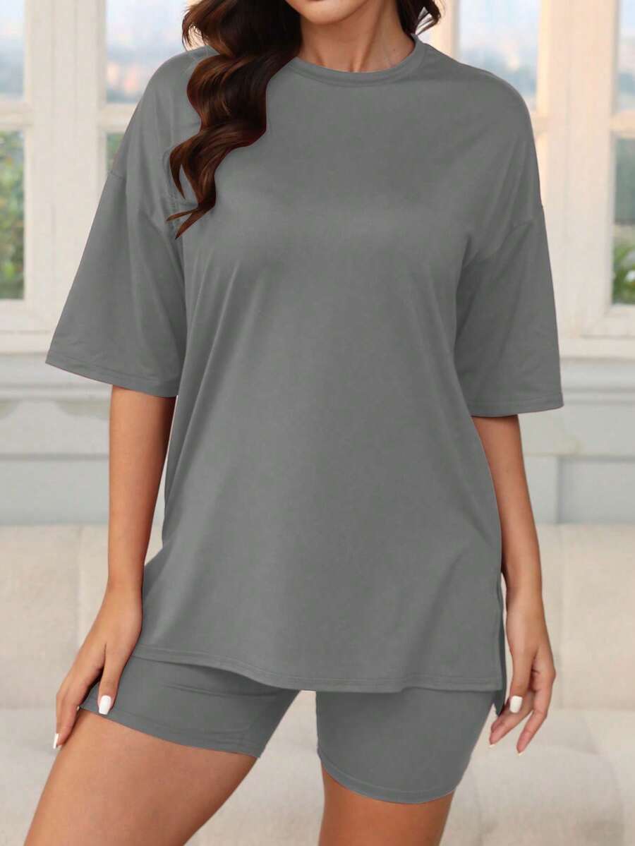 New Arrival Loose Casual Solid Color Short Sleeve & Shorts 2pcs Pajama Set For Women - Grey - View 1
