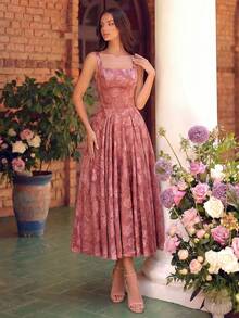 优雅女士宽肩带方领无袖高腰露背系带A字中长连衣裙，适合舞会、生日派对、正式晚宴、返校节、婚礼宾客、鸡尾酒会、家庭聚会等场合。 - 紅色 - 查看 6