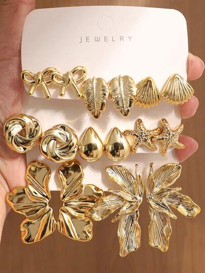 4/6/16件套时尚树叶、花朵、翅膀和几何图案金属金色耳环套装，优雅耳环首饰套装，适合女性日常佩戴