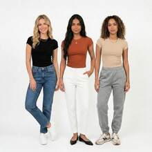 Set Of 3 Basic Ribbed Knit Blouses For Women, Babylook Premium Casual Everyday Wear - 赤陶色 + 黑色 + 米色 - 查看 9