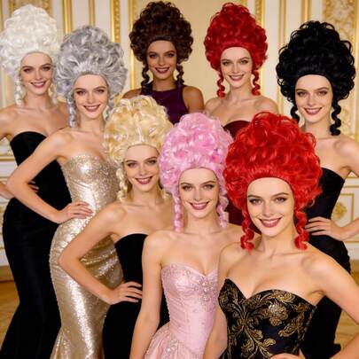 优雅女士维多利亚宫廷复古假发 - 经典18世纪殖民时期历史角色扮演假发，复古洛可可风格欧洲女王服装假发，短款大卷巴洛克蓬松盘发蜂窝式假发，适合节日、文艺复兴派对、戏剧表演、化装舞会、毕业舞会和皇家主题活动，多种鲜艳颜色可选（银色、金色、粉色、亮红色、黑色、深棕色）的合成假发