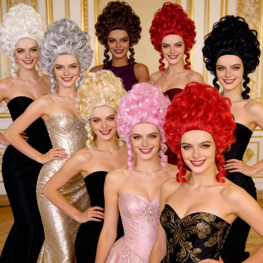 优雅女士维多利亚宫廷复古假发 - 经典18世纪殖民时期历史角色扮演假发，复古洛可可风格欧洲女王服装假发，短款大卷巴洛克蓬松盘发蜂窝式假发，适合节日、文艺复兴派对、戏剧表演、化装舞会、毕业舞会和皇家主题活动，多种鲜艳颜色可选（银色、金色、粉色、亮红色、黑色、深棕色）的合成假发 - 彩色 - 查看 1