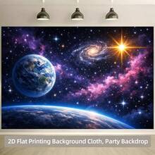 1 件精美绝伦的外太空行星背景横幅 - 充满活力的星系和宇宙场景，点缀着旋转的星星、月亮和火箭 - 耐用的涤纶材质，可用于照片墙装饰，适用于直播、派对、生日、周年纪念、房间、花园或庭院装饰 - 室内/室外均可使用，月亮装饰 - 6 - 查看 5