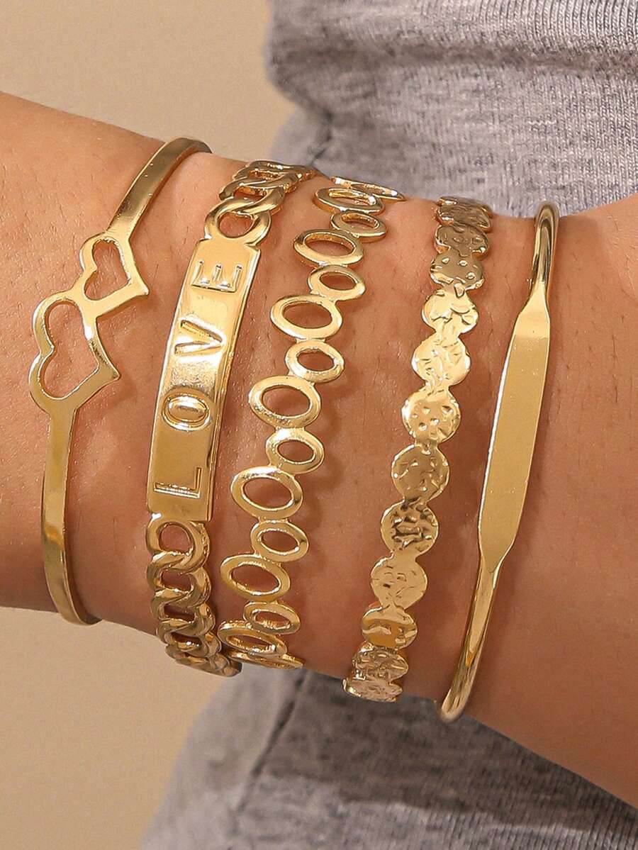 Juego de 5 pulseras vintage punk doradas con doble corazón, pulsera grabada con LOVE y pulsera de cadena en capas, perfecto para una cita nocturna, regalo ideal para la novia - Dorado - Ver 1