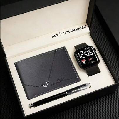 3/1件装男童时尚简约LED心形数字显示电子手表，适合男童佩戴，搭配多功能钱包和便捷圆珠笔，适合日常佩戴，是返校、办公、毕业季、日常生活、派对装饰、生日/节日礼物的理想之选，也是送给男童的完美礼物。