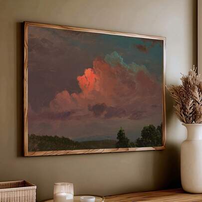 1pc Vintage Red Sunset Sky Art Poster - Victorian Landscape Oil Painting, Reusable Waterproof Canvas Wall Decor For Living Room, Bedroom, Kitchen, Bathroom, Hallway, Perfect Birthday Gift, Wall Art Decor,Living Room Decor