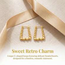 Gold Heart Bead Earrings, Geometric Ball And Heart U-Shape Design, Fashionable And Elegant For Women's Daily Wear - Gold - View 7