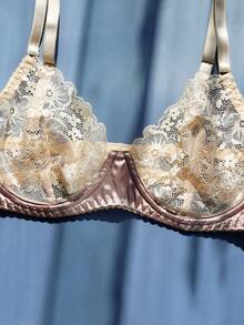 2pcs Women's Sexy Embroidered Sheer Bra Set - Apricot - View 6