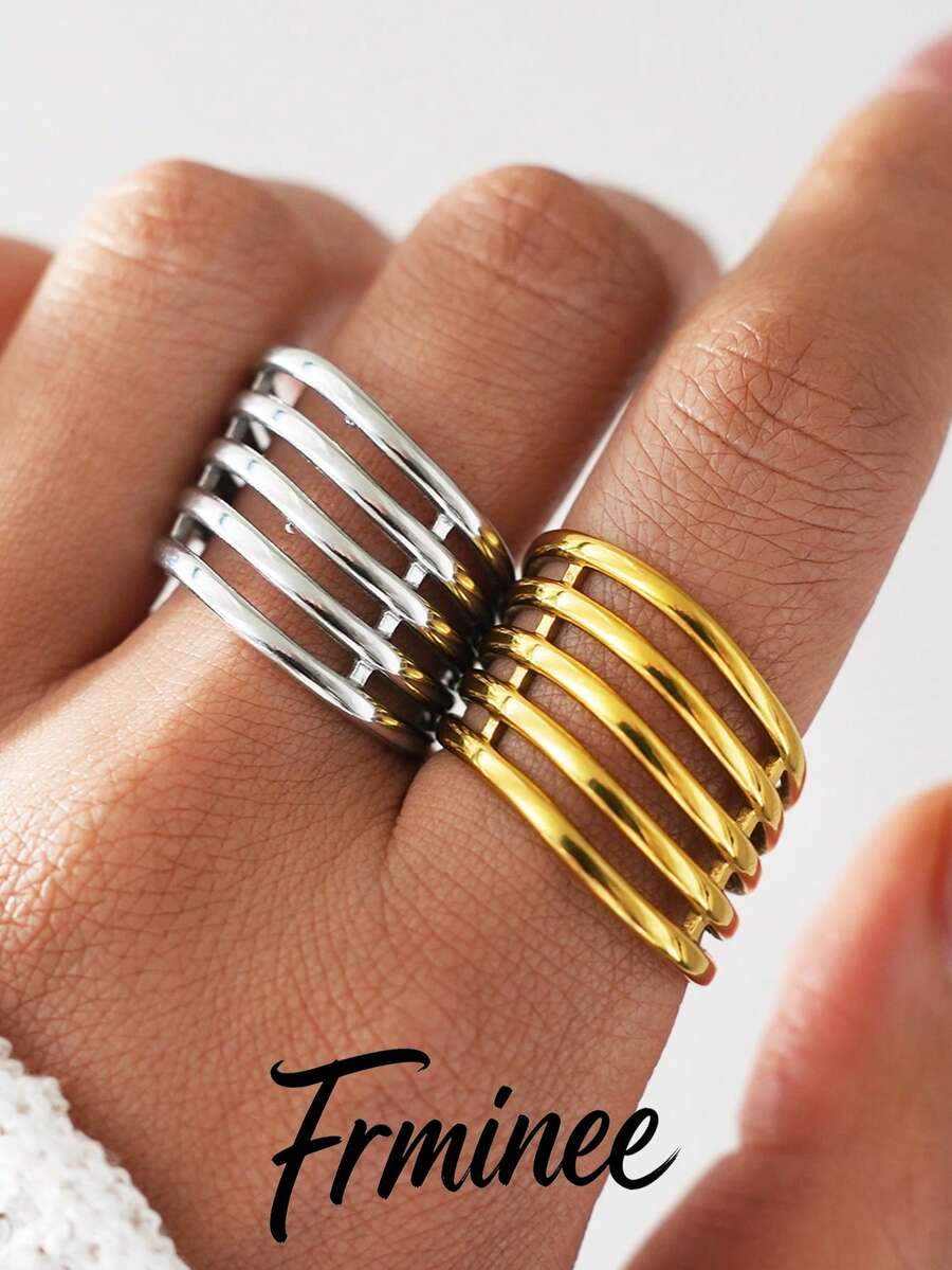 2pcs/1pc 18K Gold Plated Chunky Statement Gold Stainless Steel Ring For Women, Hypoallergenic Wide Stack Ring, Accessories For Women