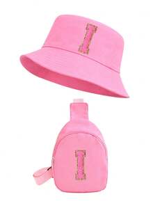 2 Peças Conjunto de Chapéu Balde Rosa com Letra 26 e Bolsa de Peito para Meninas, Alça Ajustável, Versátil, Adequado para Uso Externo, Praia, Pesca, Piquenique - Rosa chiclete - Visão 14