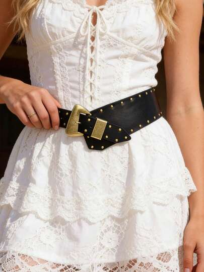 1pc Women's Belt, BOHO Belts, Rodeo, Cowgirls, Western Belts, Belt For Women, Y2K Bohemian Retro Minimalist Black Rivet PU Antique Bronze Buckle Belt, Suitable For Pants, Shirts, Sweaters, Coats, Party, Daily Commute, Holiday & Birthday Gift, Music Festival