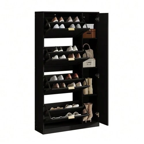 Modern Shoe Cabinet With Mirror, 4 Fold-Down Storage Compartments, Adjustable Shelf Behind The Right Mirror, Ideal For The Hallway, Black, Dimensions: W80/H147/D24 Cm - View 1