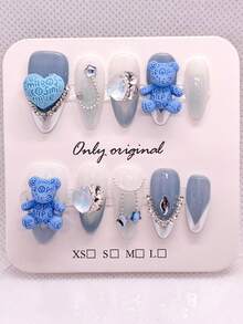 10pcs Handmade Pressed Blue Almond-Shaped Acrylic Nail Art, French Style Painted With Bear And Heart Patterns, Acrylic Nail Tips, Suitable For Women And Girls - Blue - View 2