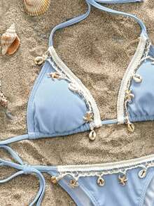 Bikinx Women's Solid Color Satin Ribbon & Shell Decor Triangle Cup Tie Bikini Set, Suitable For Summer Beach Vacation - Baby Blue - View 11