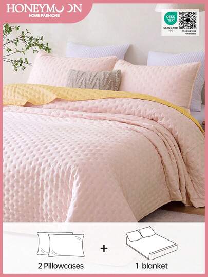 Honeymoon Supersoft Microfiber Ultrasonic Stitch Quilt Set(2pcs=1 Quilt+1 Sham, 3pcs=1 Quilt+2 Sham) 100% Polyester Fabric Reversible Elegant Style Cozy Bed Cover, Lightweight Cloud-Like Feel Bedding Coverlet, Soft And Breathable, Shrink-Resistant-T F Q K Size For Home And Dorm, Oeko-Tex Certified, Light Pink And Yellow