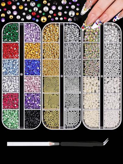 5640pcs Colorful Nail Rhinestones And Charms For Nail Art, Flatback Nail Pearls And Caviar Nail Beads(Silver+Gold), Bedazzling Rhinestones Jewels Kit Nail Gems Pearl Nail Charms For Manicure Decor