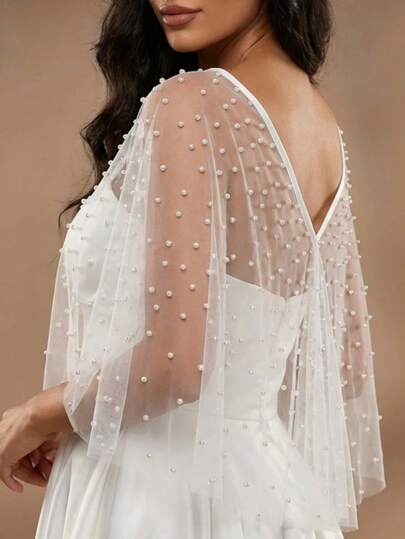 1pc Elegant Pearl Beaded Mesh Shawl, Women's Wedding Dress Short Jacket Cover Up, Oversized Open Front Bolero