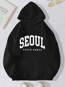 Women'S Korean Seoul-Style Graphic Print Hoodie |   100% Casual Ribbed Cuff Sweatshirt, Machine Washable Pullover For Spring And Autumn, Chic Style With Crew Neck - màu đen - Xem 1