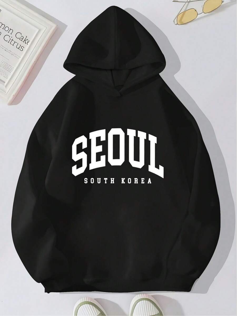 Women'S Korean Seoul-Style Graphic Print Hoodie | 100% Casual Ribbed Cuff Sweatshirt, Machine Washable Pullover For Spring And Autumn, Chic Style With Crew Neck - màu đen - Xem 1