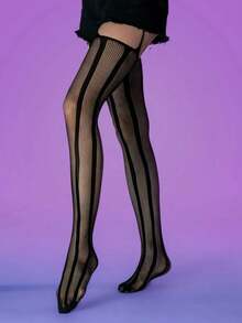 Y2k Style Striped Hollow Out Fishnet Socks For Women, Gothic Thigh High Stockings, Sheer Pantyhose, Retro Style, Europe And America Design, E-Girl - 黑色 - 查看 6