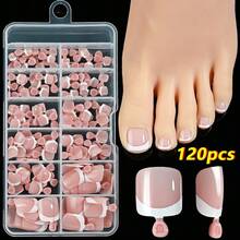 120pcs/Box Simple French Fake Toenails White Edge Pink Brown Short Square Toe Nails Full Cover Foot Nails Tips For Women - Multicolor - View 5