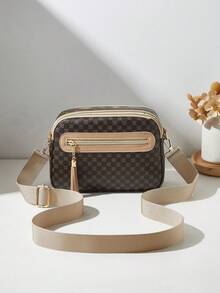 1pc Casual Commuter Women's Crossbody Bag, 4 Zipper Design, Solid Color Personalized Fashion Tassel Polka Dot Pattern, Comfortable Handheld And Shoulder Strap, Large Capacity, Suitable For Travel, Shopping, Commuting - Coffee - View 4