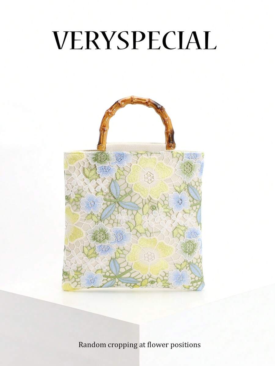 Fashionable Colorful Sequin Contrast Mesh Embroidered Jacquard Elegant Lady Bamboo Handle Tote Bag, Linen Handbag For Party & Holiday, Floral Pattern Randomly Sent