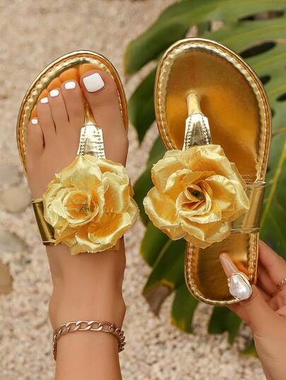Women's Solid Color Comfortable Flat Slip-On Toe Post Beach Sandals, Gold, Summer