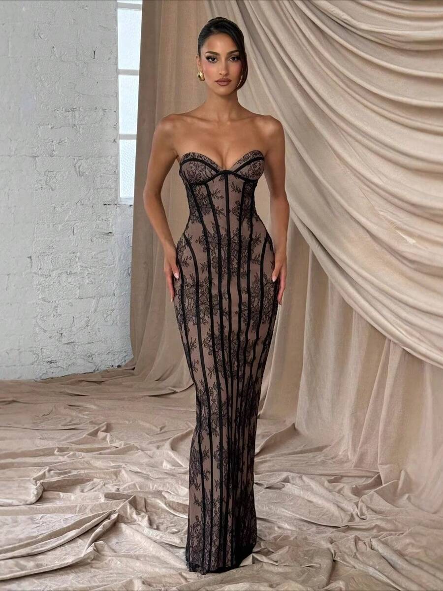 European And American Station Women's Clothing Casual Long-Sleeved Slim-Fitting Pure Lace Suspender Dress Long Dress Color-Fixing Hip-Wrapping Dress - màu đen - Xem 1